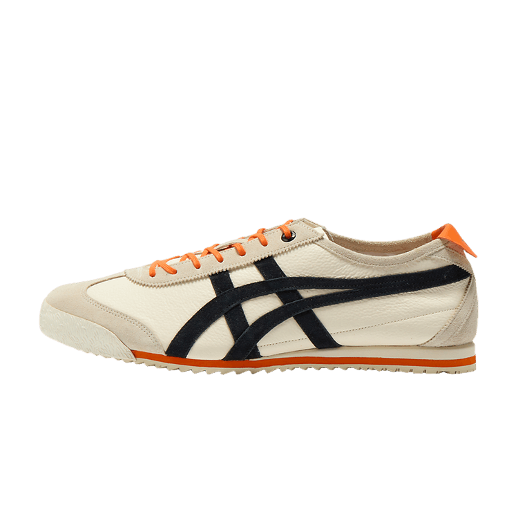Onitsuka Tiger Mexico 66 SD Vintage Cream Black Orange, zijaanzicht met crème canvas, zwarte strepen, oranje zool en veters