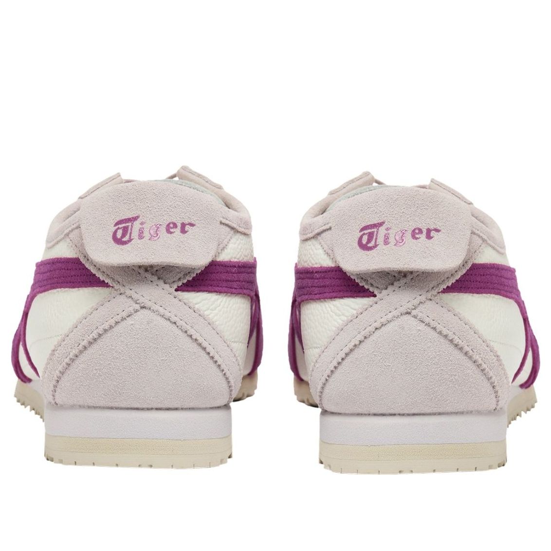 Onitsuka Tiger Mexico 66 SD, achteraanzicht met Tiger-logo op suède hielstukken en paarse accenten