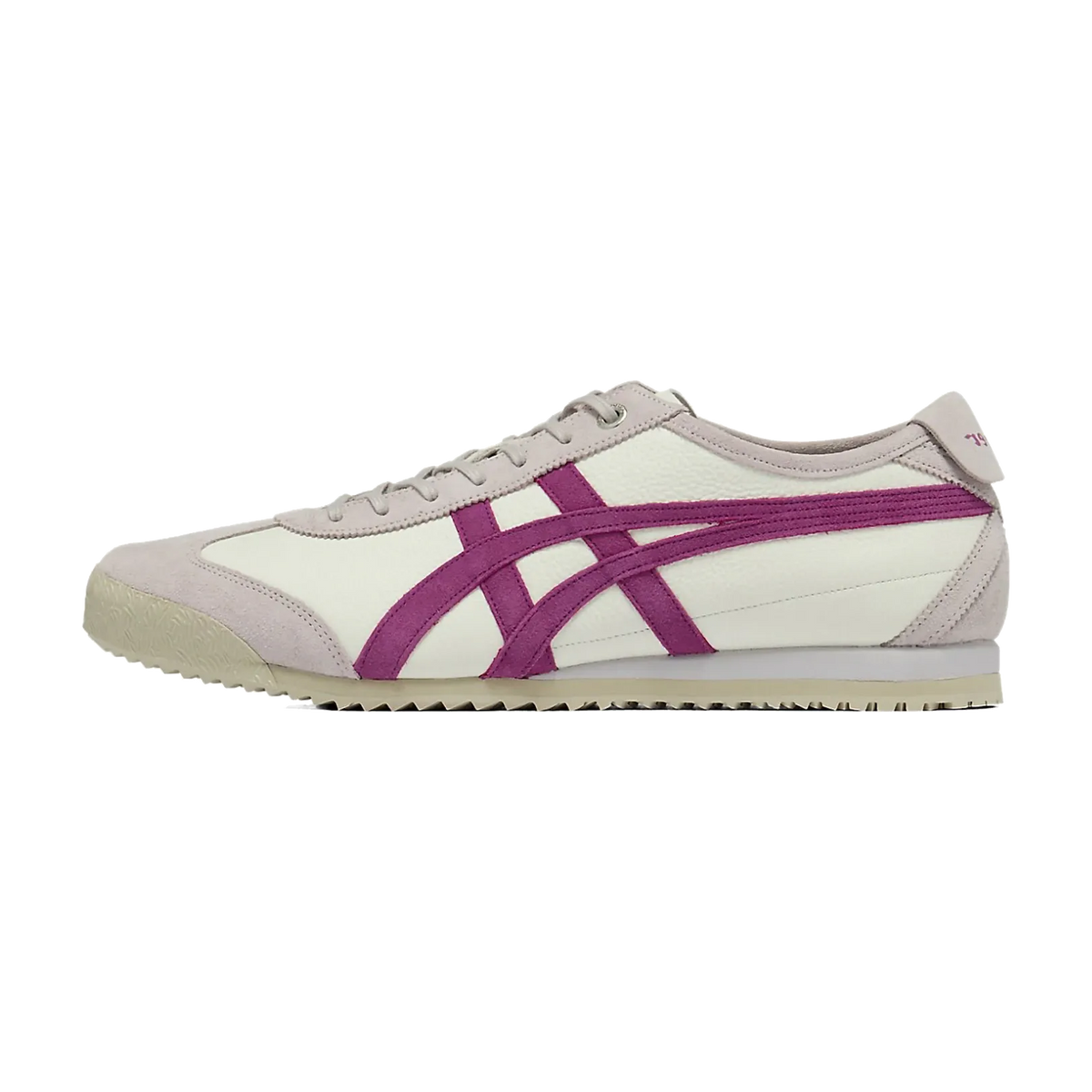 Onitsuka Tiger Mexico 66 SD, zijaanzicht met paarse en crème kleurvlakken, suède en canvas materiaal