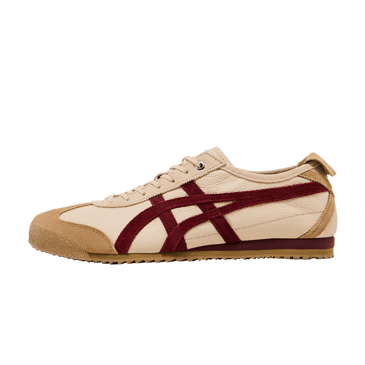 Onitsuka Tiger Mexico 66 SD Beige Beet Juice, zijaanzicht met crème leren bovenkant en bordeauxrode suède strepen