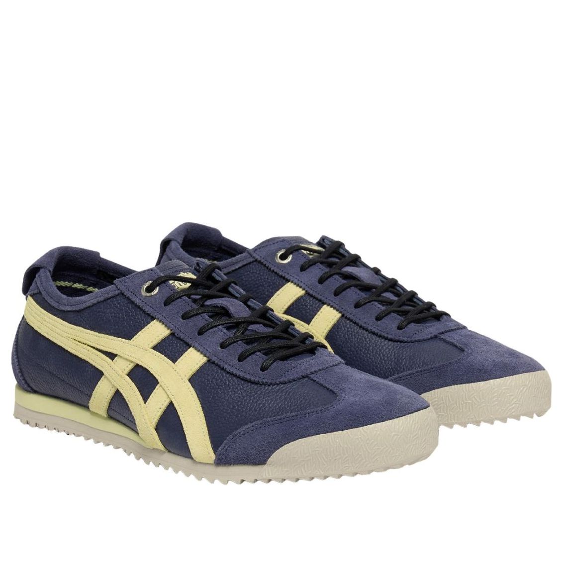 Onitsuka Tiger Mexico 66 SD Vintage Peacoat Wheat Yellow, paar samen met zwarte veters en gestructureerde zool