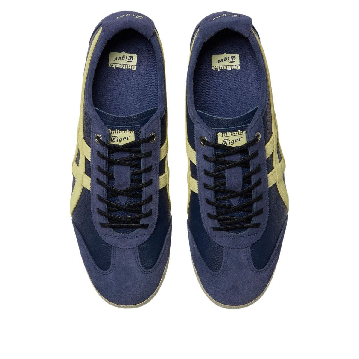 Onitsuka Tiger Mexico 66 SD Vintage Peacoat Wheat Yellow, bovenaanzicht met strepen en branding zichtbaar