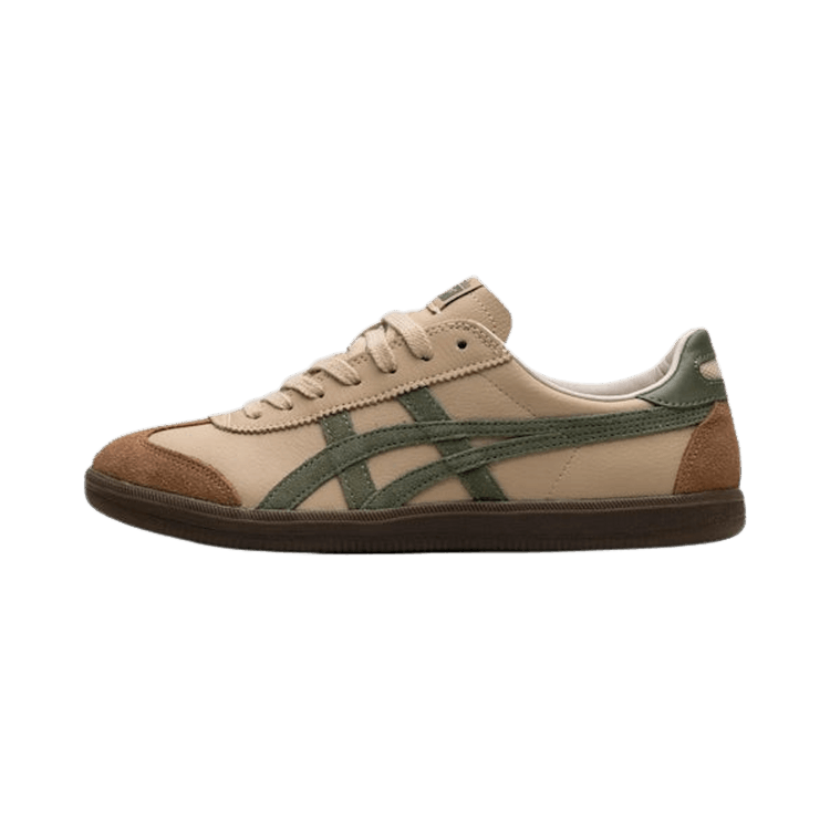 Onitsuka Tiger Tokuten Beige Green, zijaanzicht met beige en groene kleurvlakken, bruine suède voorkant en donkere zool