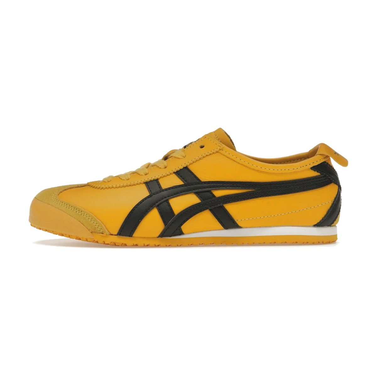 Onitsuka Tiger Mexico 66 Kill Bill, zijaanzicht van gele sneaker met zwarte diagonale strepen en witte zool