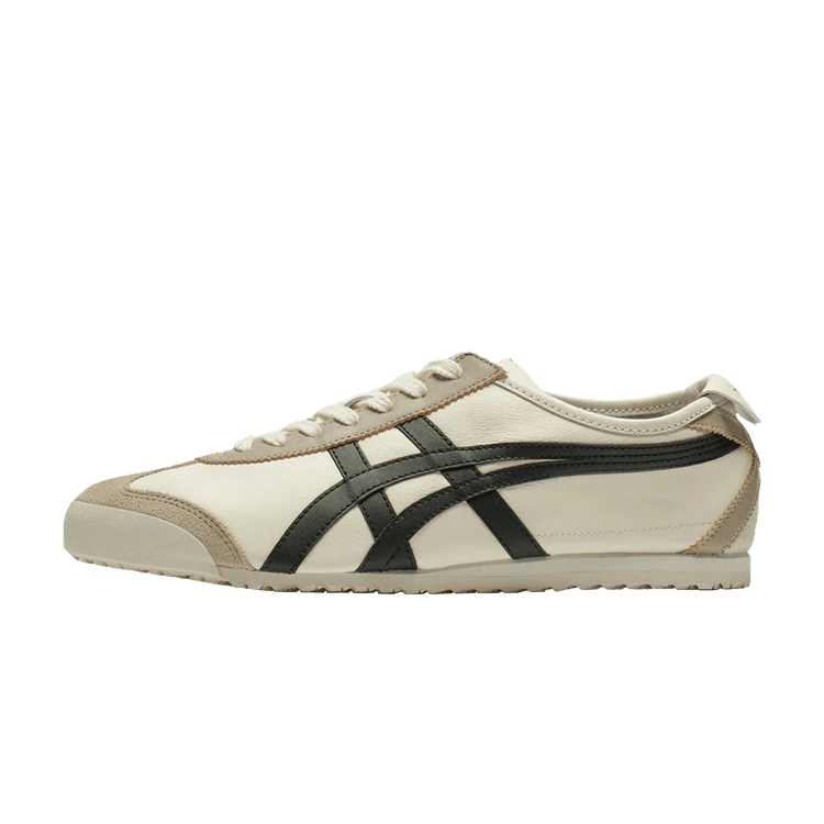 Onitsuka Tiger Mexico 66 Ivory Black, zijaanzicht met crème leer, zwarte diagonale strepen en grijsbeige suèdetukken