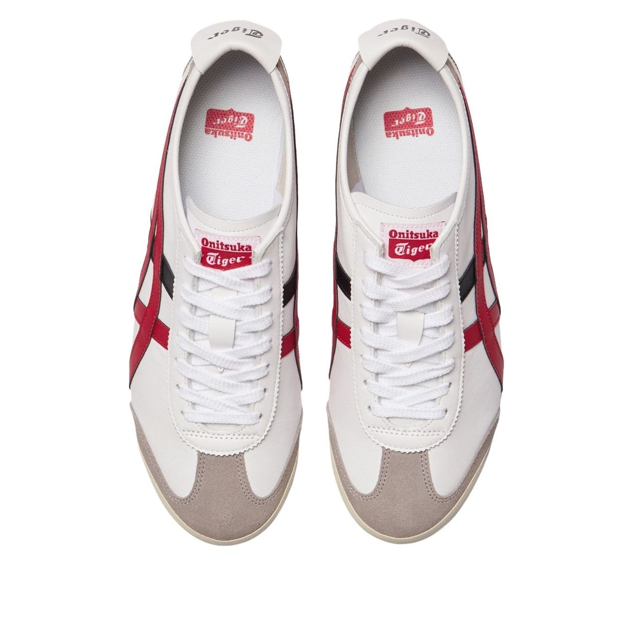 Onitsuka Tiger Mexico 66 White Classic Red, vooraanzicht paar met rood Tiger logo en Onitsuka merk op tong