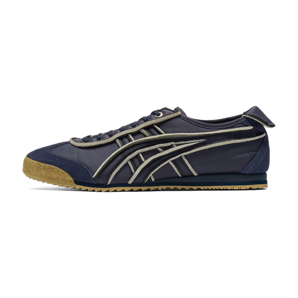 Onitsuka Tiger Mexico 66 SD Exposed Foam Peacoat, zijaanzicht met donkerblauwe upper, beige stiksels en gele rubberzool