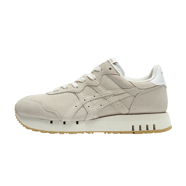 Onitsuka Tiger X-Caliber Cream zijaanzicht, crèmekleurig suède met witte zool en contrasterende stiksels