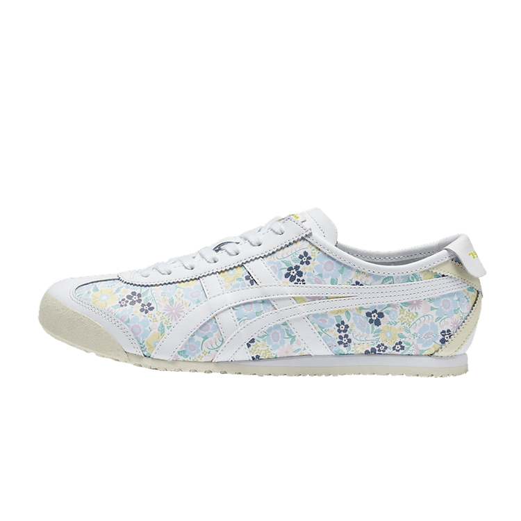 Onitsuka Tiger Mexico 66 White Blue Floral, zijaanzicht met wit leer, bloempatroon in pasteltinten en creme zool