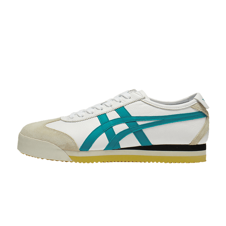 Onitsuka Tiger Mexico 66 SD PF White Lagoon, zijaanzicht met wit en beige canvas, turquoise strepen en gele zool