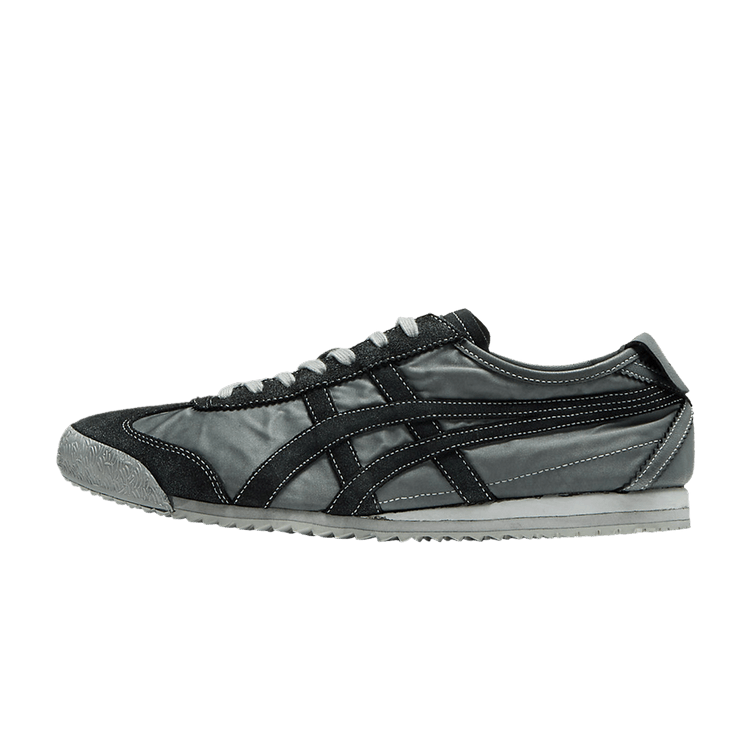 Onitsuka Tiger Mexico 66 NM Graphite Grey, zijaanzicht met grijs en zwart leer, witte stiksels en grijze zool