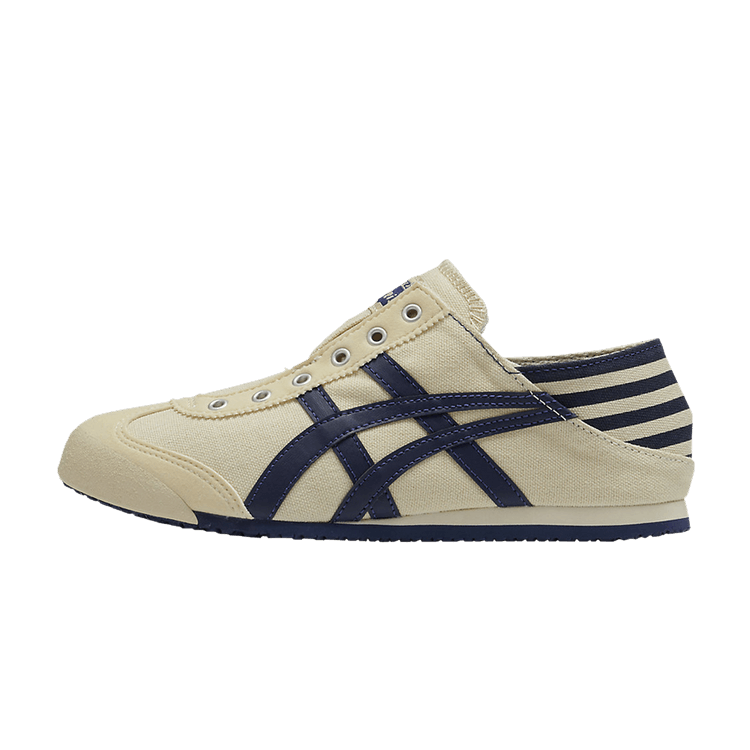 Onitsuka Tiger Mexico 66 Paraty Natural Navy zijaanzicht, crème canvas met donkerblauwe strepen en gaten-sluiting