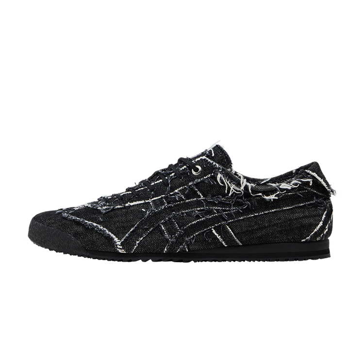 Onitsuka Tiger Mexico 66 SD Black Denim, zijaanzicht van zwarte denim sneaker met witte stiksels en contrast strepen