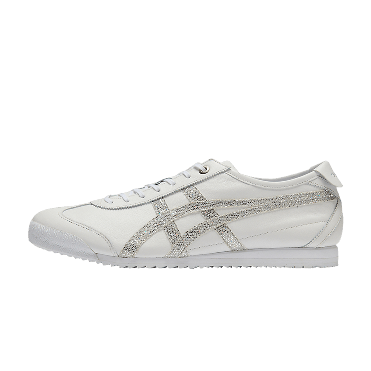 Onitsuka Tiger Mexico 66 SD White Pure Silver Glitter, zijaanzicht met wit leer en zilveren glitterstrepen