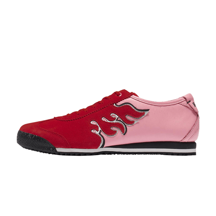 Onitsuka Tiger Mexico 66 SD Flame, zijaanzicht met rood en roze kleurvlakken, zilveren vlammen en zwarte zool