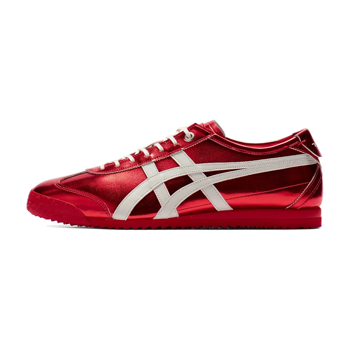 Onitsuka Tiger Mexico 66 SD Metallic Series, zijaanzicht rode metallic schoen met witte strepen en rode zool