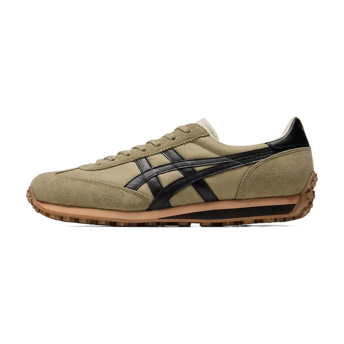 Onitsuka Tiger EDR 78 NM Wood Crepe Black, zijaanzicht met beige suède, zwarte strepen en bruine crepe zool