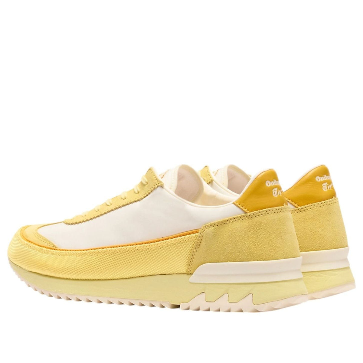 Onitsuka Tiger HSINTI Ivory Faded Yellow, achteraanzicht met logo op geel-witte hak