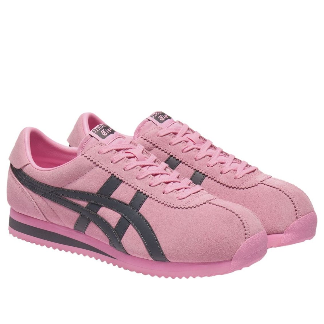 Onitsuka Tiger Tiger Corsair Prism Pink Indigo Navy paar samen, roze suède met zwarte strepen en geripte zool