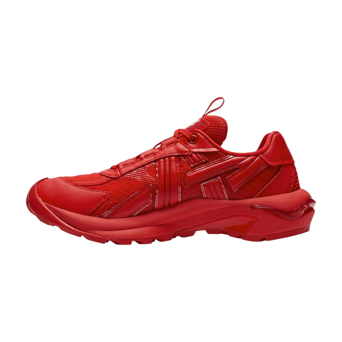 Onitsuka Tiger Tigtrail Classic Red zijaanzicht, volledig rood model met textiel en glad kunstleer, dik buitenzool