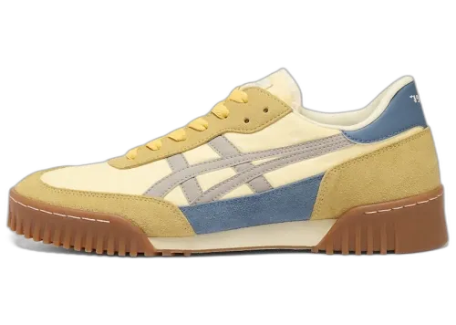 Onitsuka Tiger Rotemit zijaanzicht met geel-crème, blauwe en grijze kleurvlakken, stroef zool en contrasterende stiksels