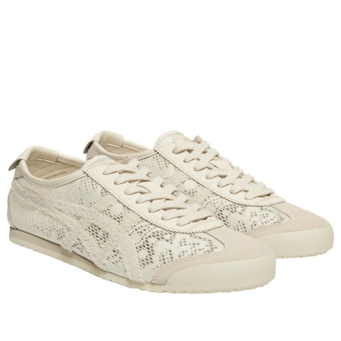 Onitsuka Tiger Mexico 66 Jacquard Mesh Birch Birch, paar samen vooraanzicht met opengewerkt mesh patroon