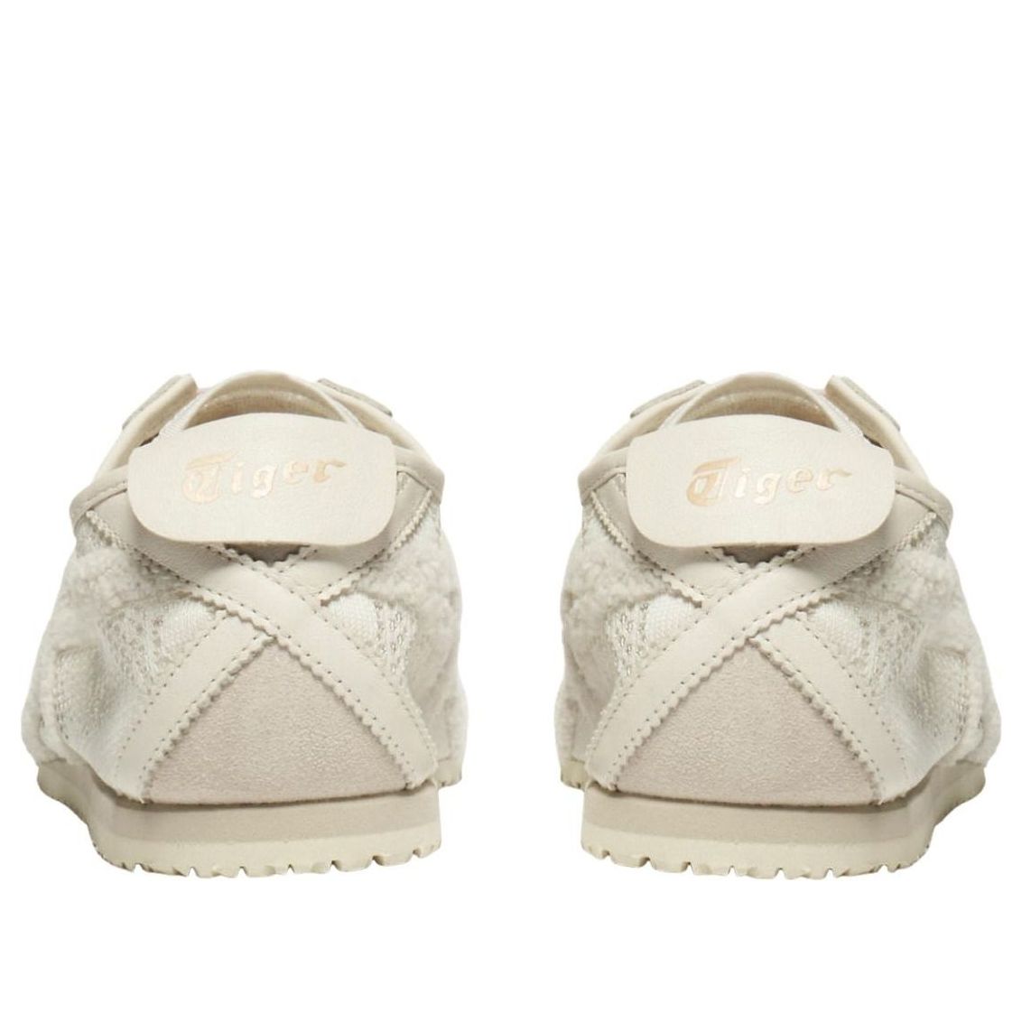 Onitsuka Tiger Mexico 66 Jacquard Mesh Birch Birch, achteraanzicht met Tiger logo op hakstuk