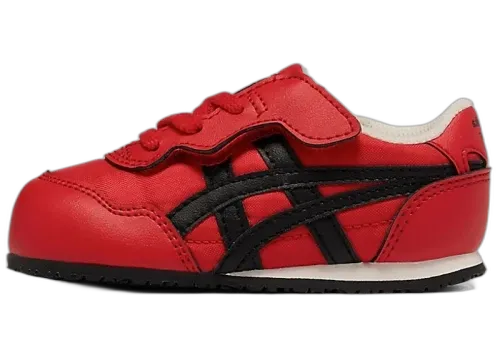 Onitsuka Tiger Serrano Classic Red Black (TD) zijaanzicht, rood leer met zwarte asics strepen en witte zool