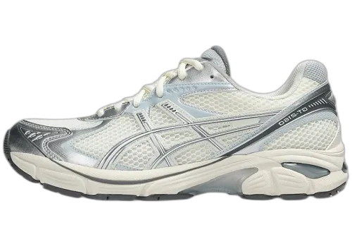 ASICS GT-2160 Cream Pure Silver Sky Blue, zijaanzicht met wit mesh-bovenwerk, zilveren stiksels en grijze accenten