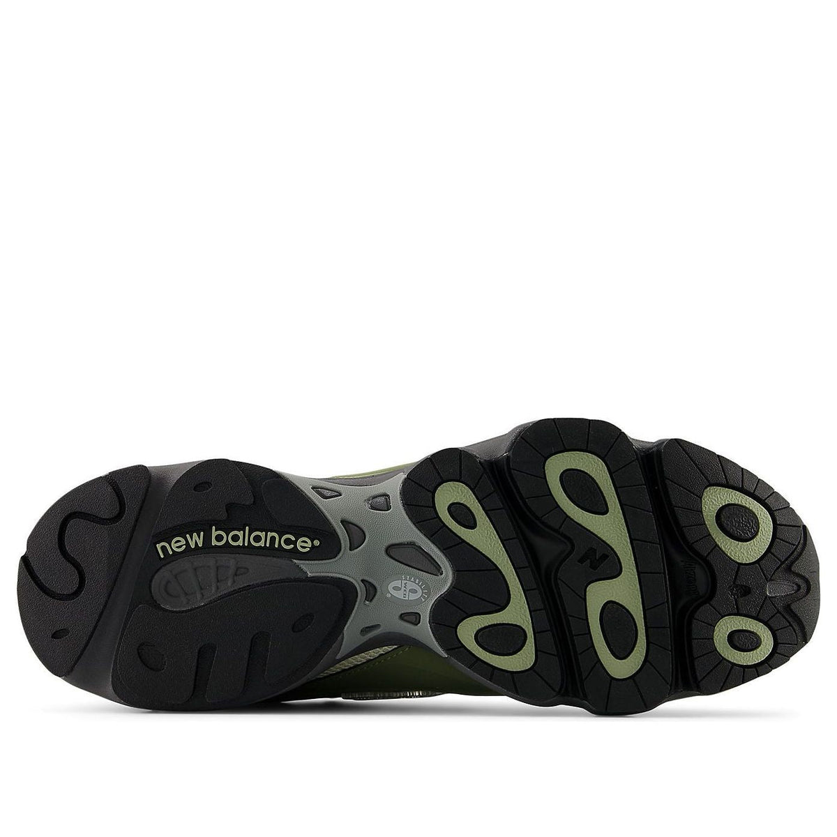 New Balance 1000 Dark Olivine zoolprofiel, zwart rubber met groen en crème logo's