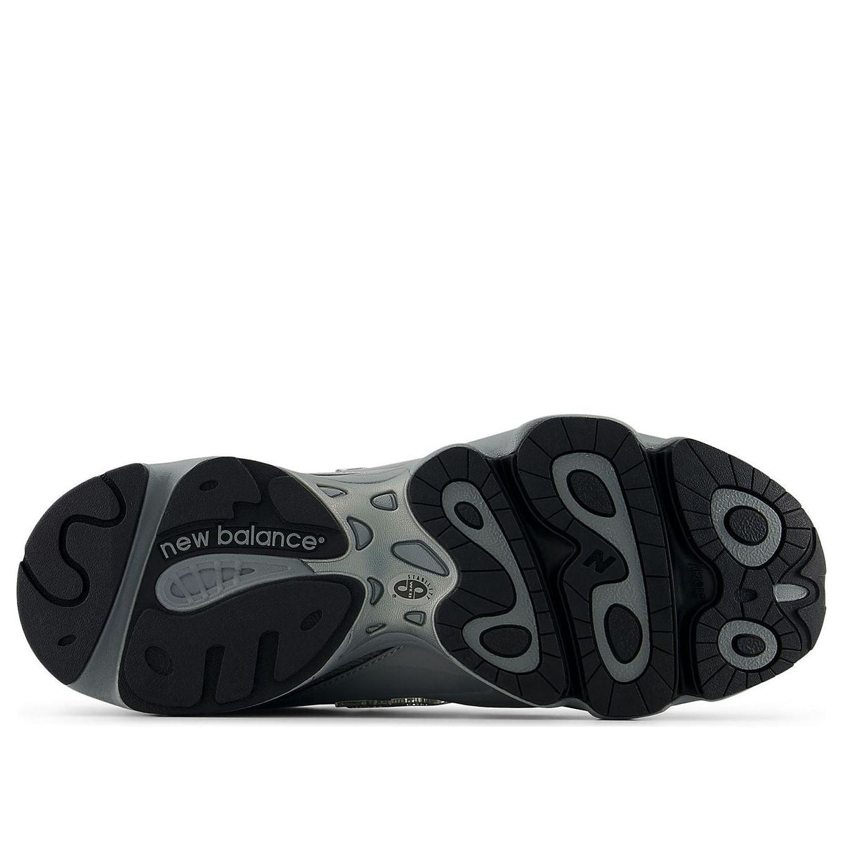 New Balance 1000 Silver Metallic Slate Grey, zoolprofiel geeft complex patroon met New Balance-branding weer