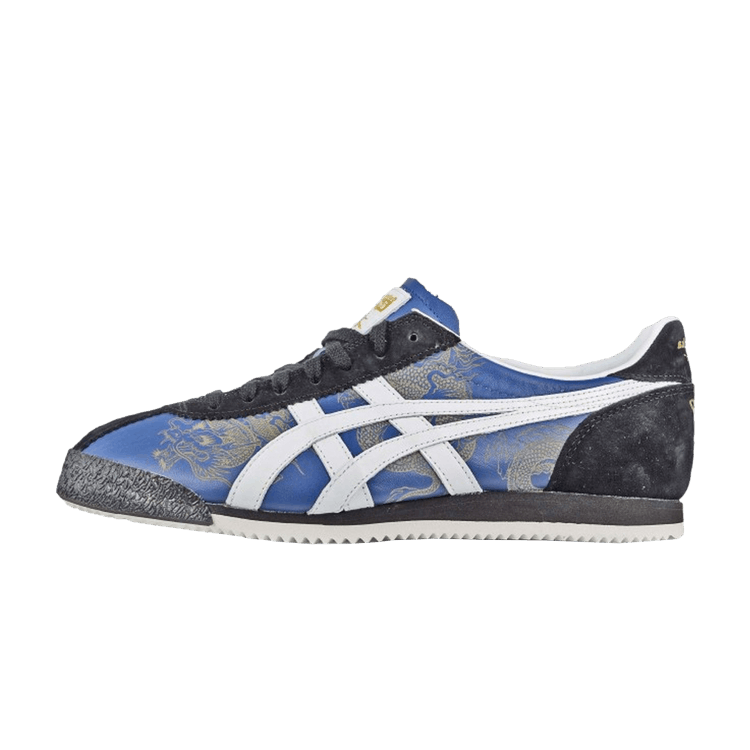 Onitsuka Tiger Corsair Bait Bruce Lee zijaanzicht, blauw en zwart textiel met witte stiksels en grijze suède details