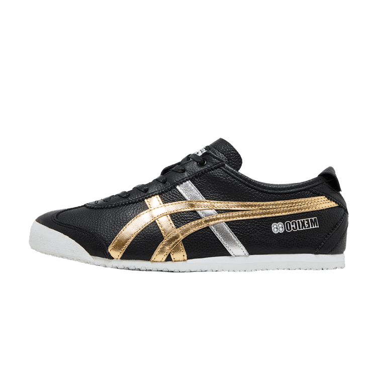 Onitsuka Tiger Mexico 66 Black Gold Silver, zijaanzicht met zwart leer, goud- en zilveren strepenpatroon, witte zool