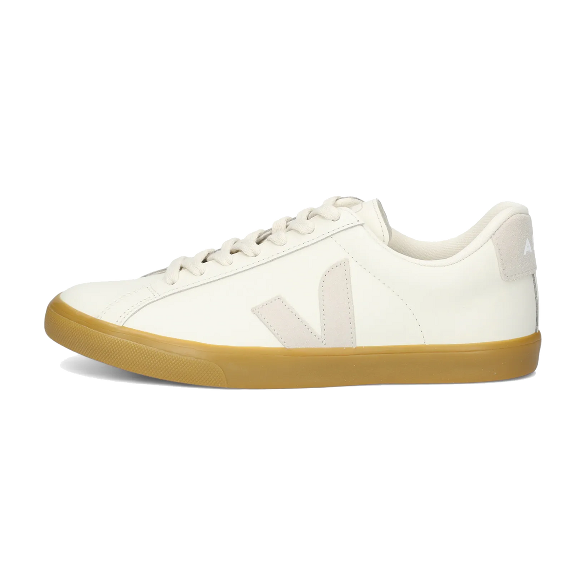 Veja Esplar Leather Pure Natural zijaanzicht, witte lederen sneaker met beige V-logo en gom zool