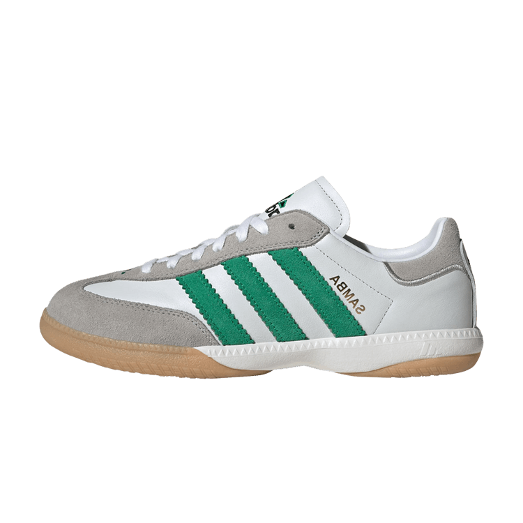adidas Samba Millennium Cloud White Green Gum, zijaanzicht met witte en groene strepen, gumzool