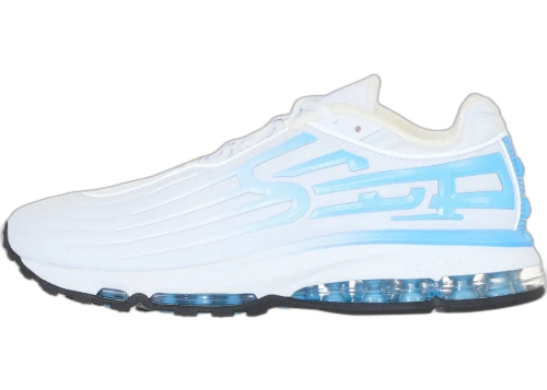 Nike Air Max 2001 Air Ecstasy Supreme White University Blue, zijaanzicht met witte bovenkant en blauwe Air-zool