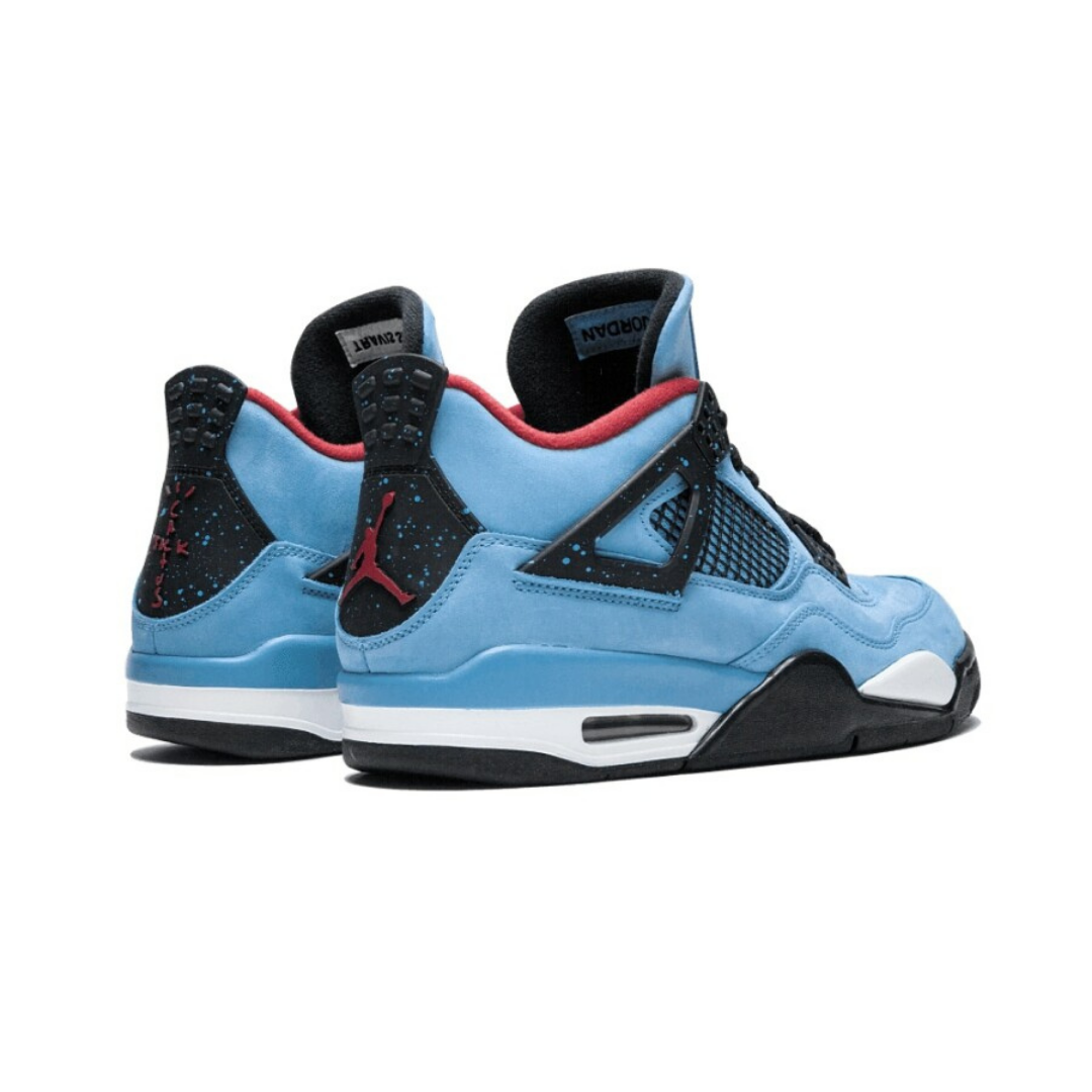 Pair of Air Jordan 4 Retro Travis Scott Cactus Jack sneakers in blue, black, and red accents, showcasing unique design details and premium materials for exclusive sneaker collectors.
