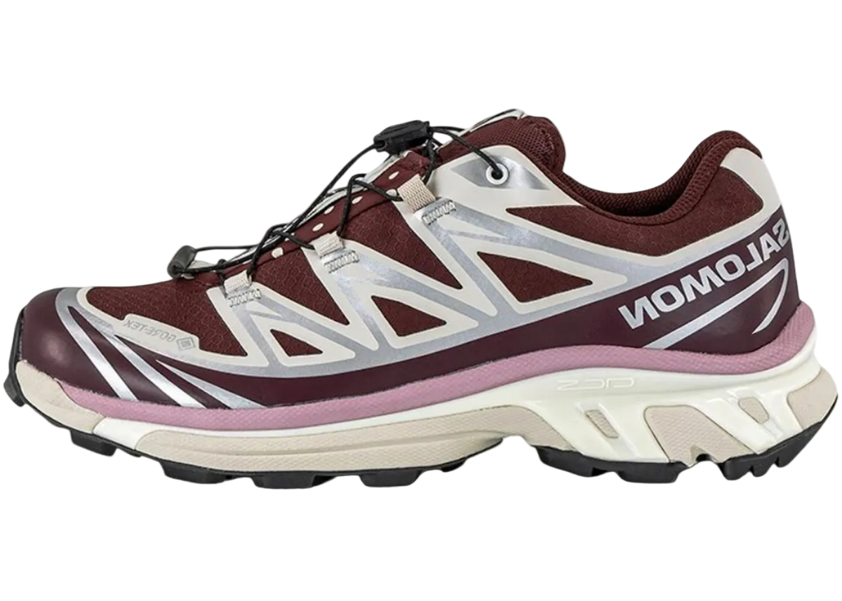 Salomon XT-6 Gore-Tex Offspring Bitter Chocolate, zijaanzicht met bordeaux, wit en roze kleurvlakken, zware trekkerzool