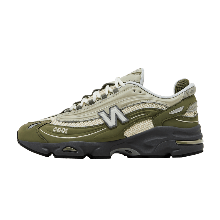 New Balance 1000 Dark Olivine zijaanzicht, groen en crème leer met mesh, zwarte zool