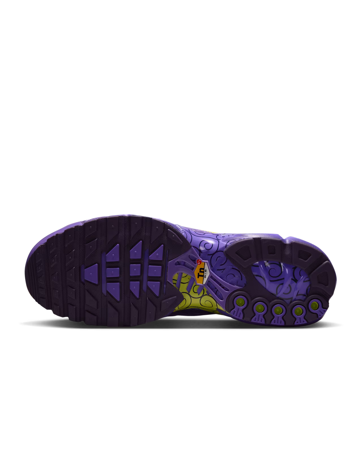 Nike Air Max Plus One Piece Gomu Gomu, bovenaanzicht zool met paarse Air Max eenheden en spiraaldetails