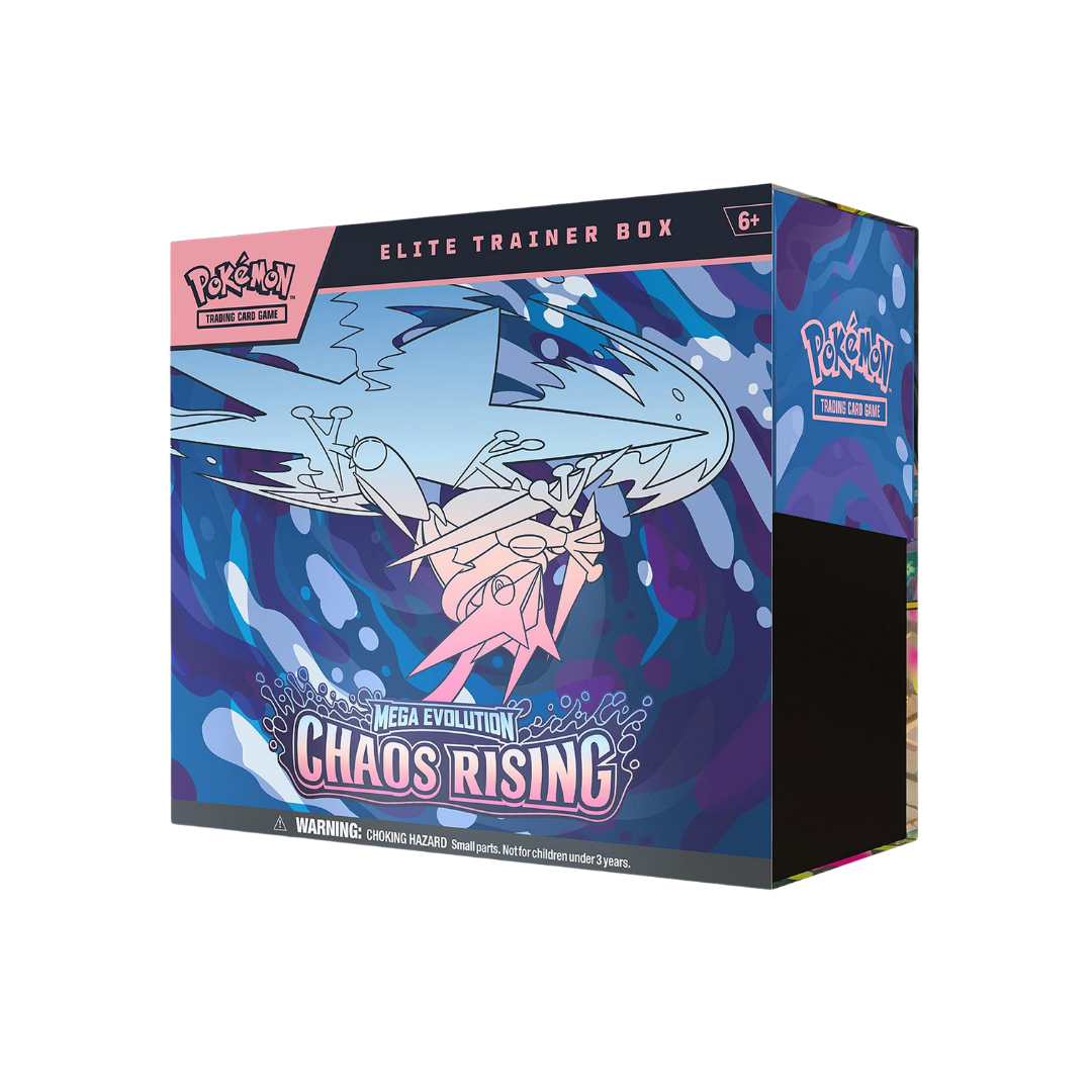 2026 Pokémon Mega Evolution Chaos Rising Elite Trainer Box, verpakking met blauwe en paarse grafische illustratie van Pokémon