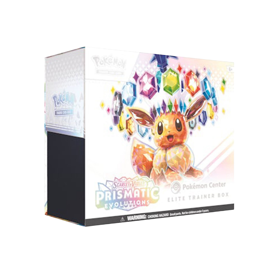 Pokémon Scarlet & Violet Prismatic Evolutions Pokemon Center Elite Trainer Box, verpakking met Eevee-illustratie, driekwart