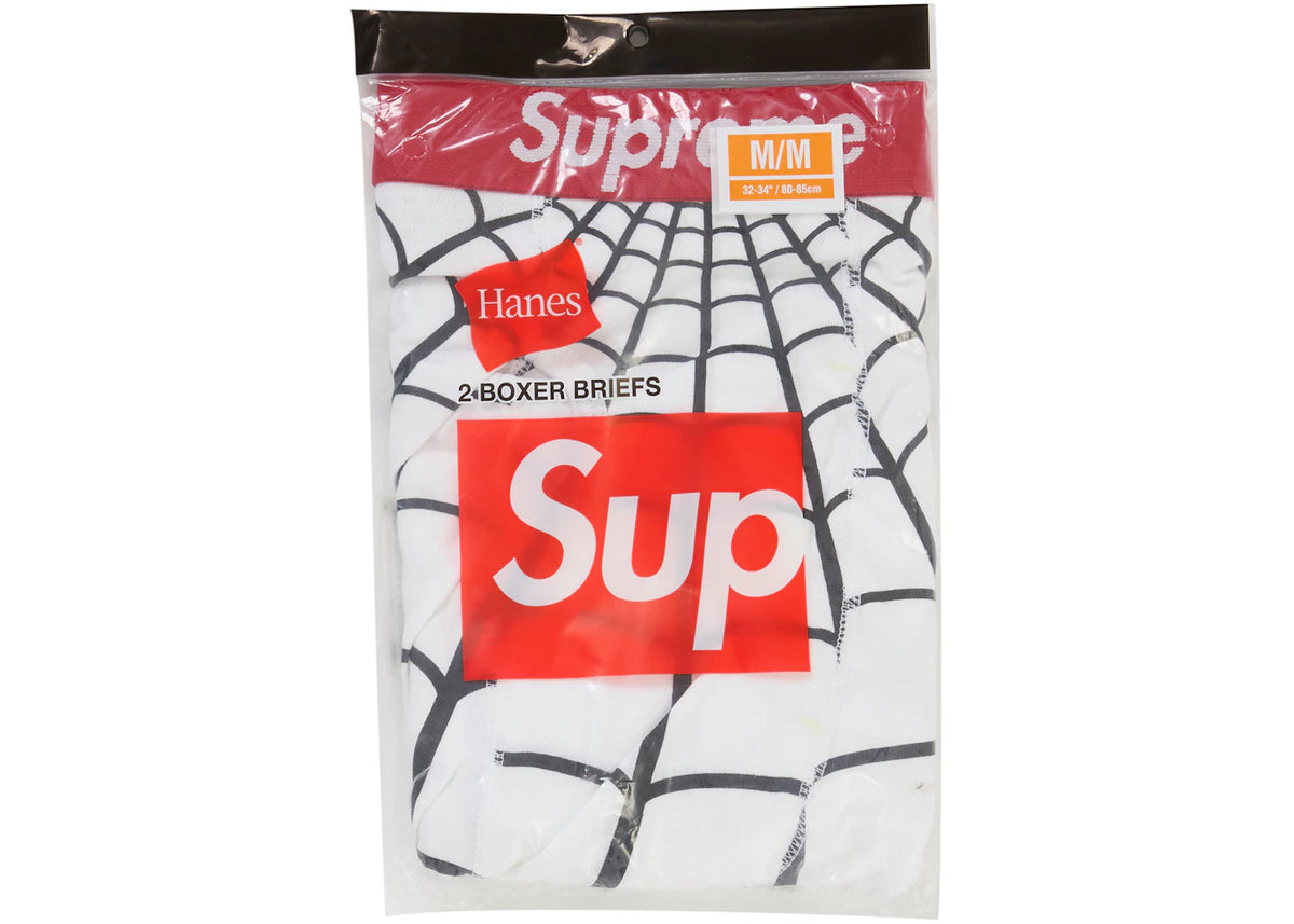 Supreme Hanes Spider-Man Boxer Briefs (2 Pack) White, doos met Hanes-label en rode Supreme-sticker