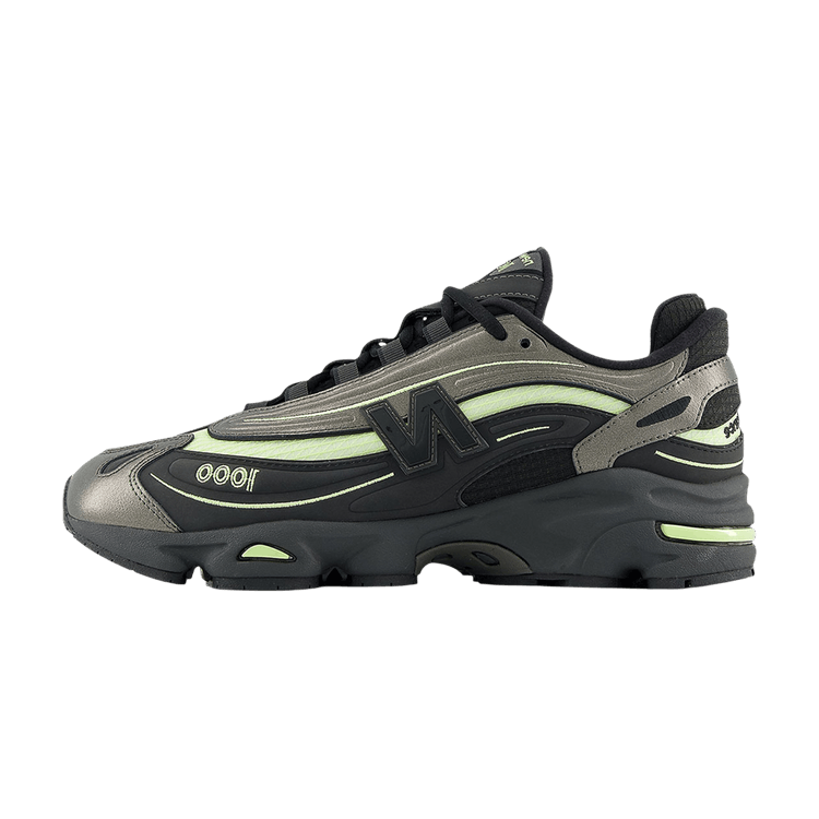 New Balance 1000 Black Metallic Dry Lime, zijaanzicht met zwart, grijs en neongroen kleurvlakken en dikke zool