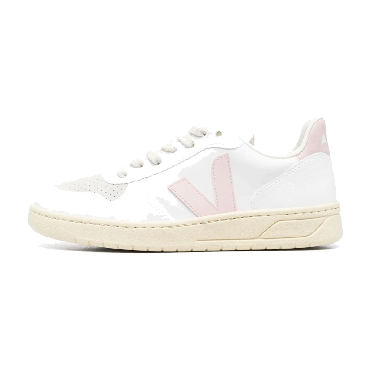 Veja V-12 Leather White Pink, zijaanzicht met wit leer, roze V-logo en crème zool