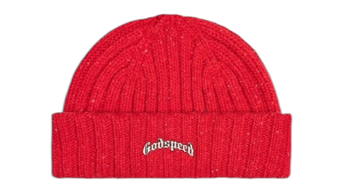 Godspeed OG Logo Emblem Beanie Red, vooraanzicht van rode ribgebreide muts met wit logo