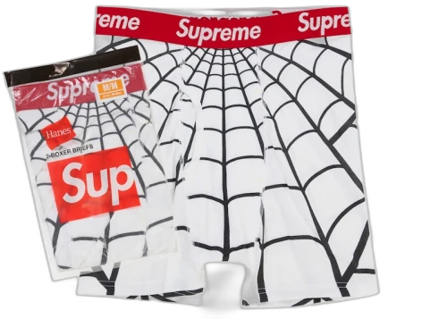 Supreme Hanes Spider-Man Boxer Briefs (2 Pack) White, verpakking met spinnenweb-patroon en originele label zichtbaar