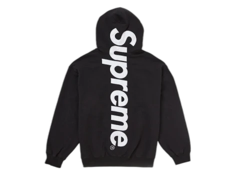 Supreme Satin Applique Hooded Sweatshirt FW24 Black, achteraanzicht met groot wit Supreme-logo op de rug