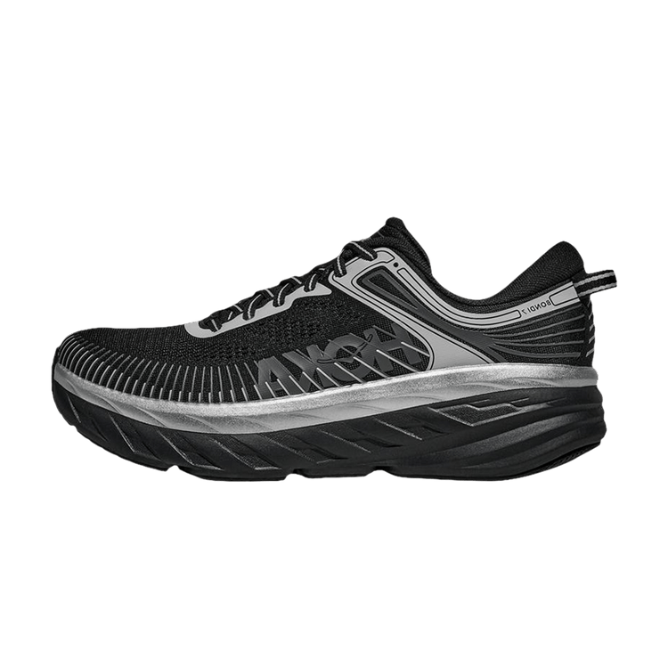 Hoka One One Bondi 7 Black Stardust zijaanzicht met zwart mesh, zilveren rand en dikke rocker-zool