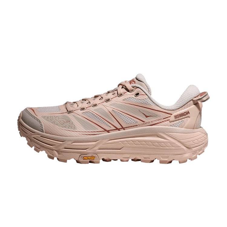 Hoka One One Mafate Speed 2 Beech Wood Stucco zijaanzicht met roestbruine accenten en Vibram-zool